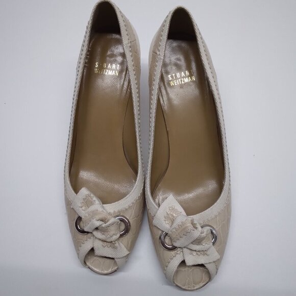 Stuart Weitzman Croc Embossed Peep Toe Knot Heels Size 9M - Picture 5 of 16